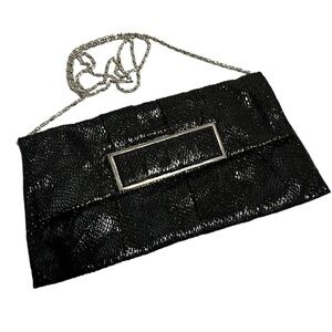 Kate Landry Black Faux Leather Snakeskin Clutch Magnetic Flap Evening Bag